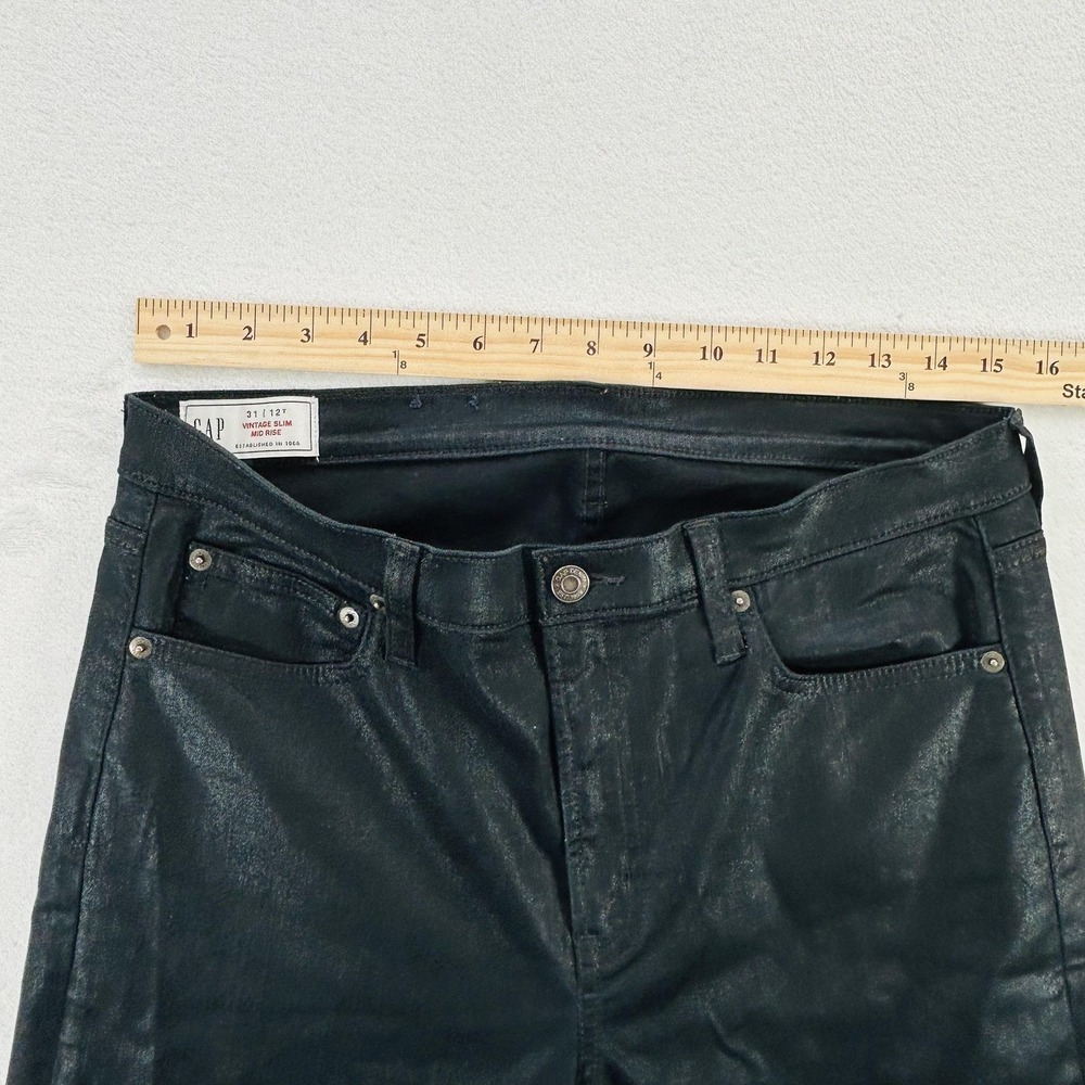 GAP Jeans Womens 12 Tall Black Vintage Slim Mid Rise Coated Denim Stretch Shiny - Picture 15 of 16
